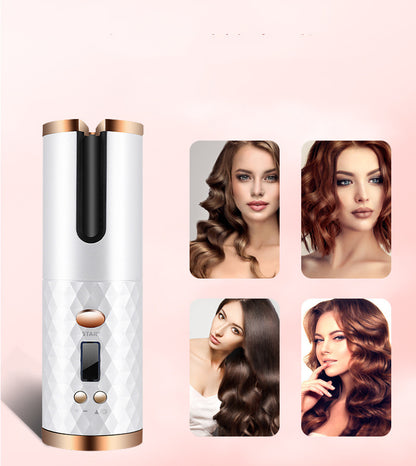 Modelador de Cabelo Automático Recarregável Feminino Portátil com Visor LCD, Escova Rotativa de Cerâmica para Ondas e Caracóis