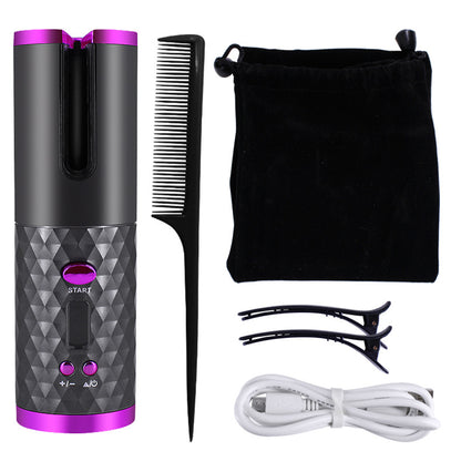 Modelador de Cabelo Automático Recarregável Feminino Portátil com Visor LCD, Escova Rotativa de Cerâmica para Ondas e Caracóis