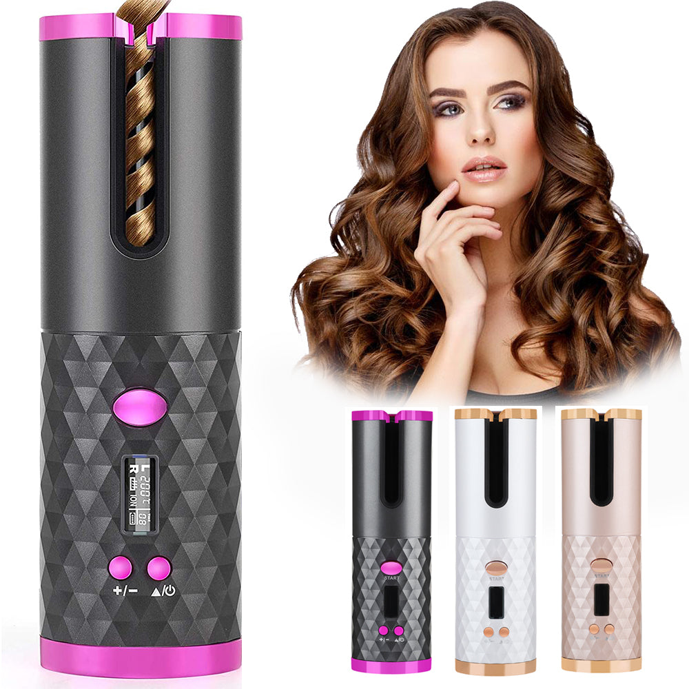 Modelador de Cabelo Automático Recarregável Feminino Portátil com Visor LCD, Escova Rotativa de Cerâmica para Ondas e Caracóis